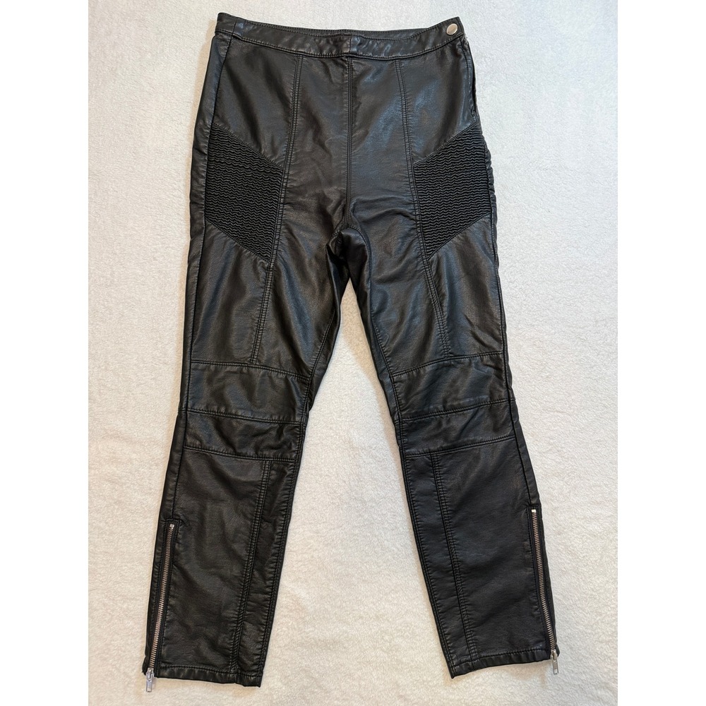 Free People Vegan Leather Moto Pants Black Quilted Biker Ankle Zip Size 12